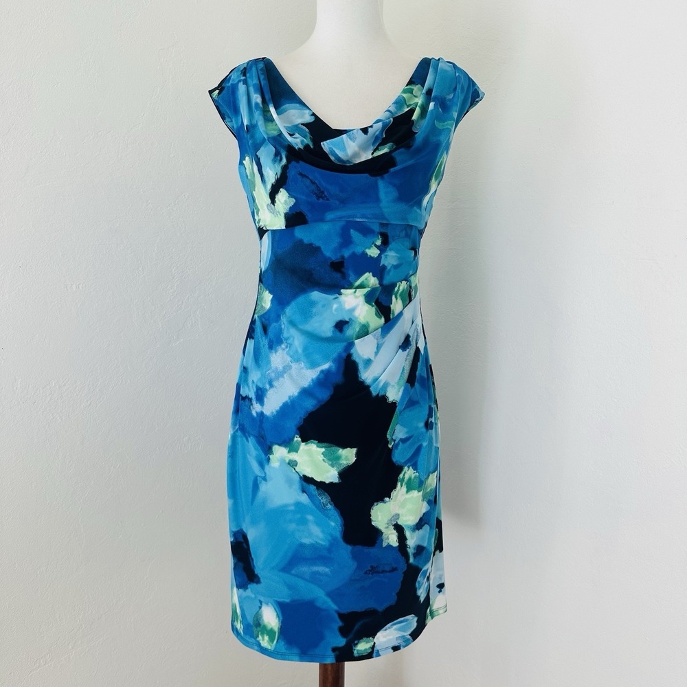 Lauren Ralph Lauren Dress Womens 6P Blue Watercolor Sleeveless Stretch Jersey